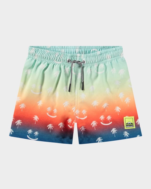 Boy's Niko Surf-Print Swim Shorts, Size 2